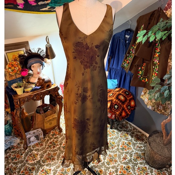 Vintage Y2K Gold Brown Floral Midi Dress Sheer Trim V Neck Whimsygoth Size 10 - Picture 7 of 12